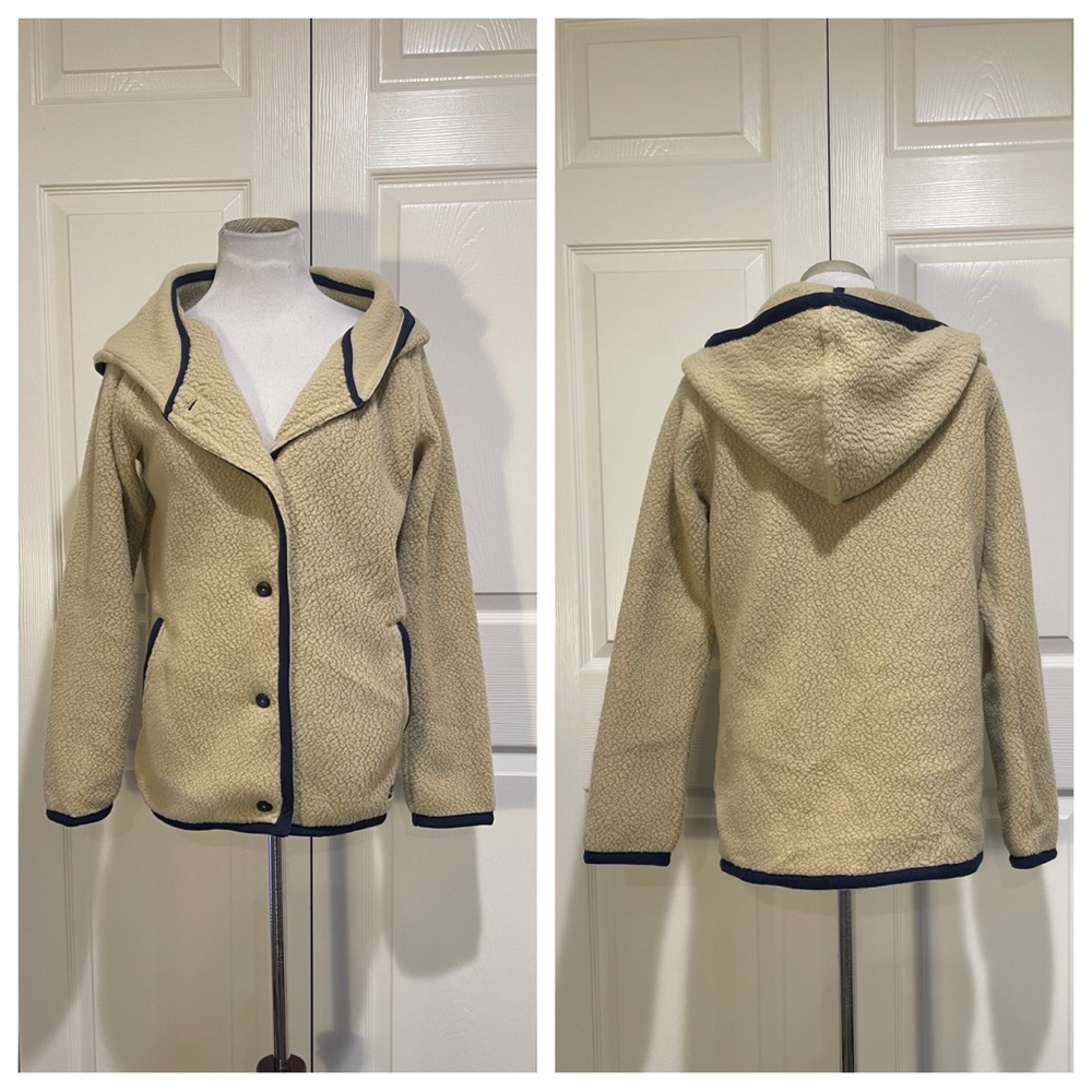 Patagonia Fleece Button Jacket Hoodie Ivory Navy M Medium
